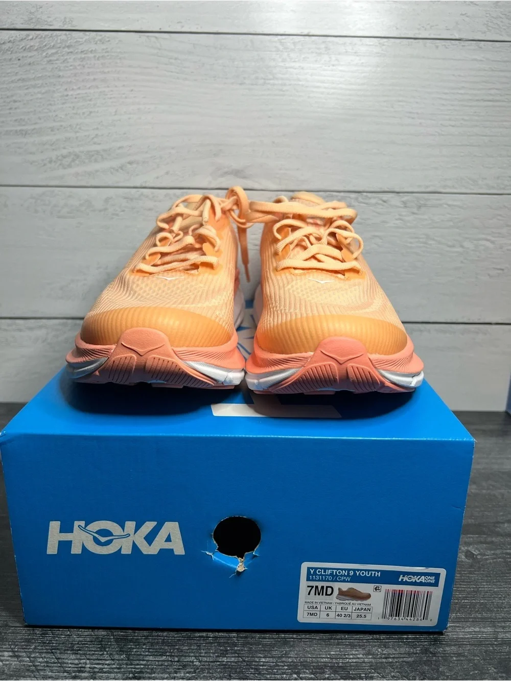 Hoka Youth Clifton 9 Running Shoes in Peach and Coral
